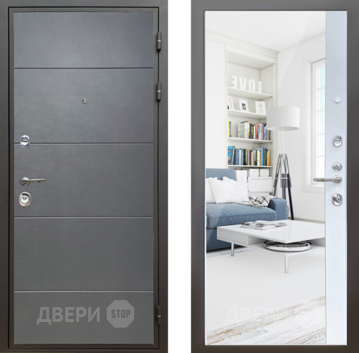 Входная металлическая Дверь Шелтер (SHELTER) Комфорт Лофт графит 14 с зеркалом Белый матовый в Наро-Фоминске
