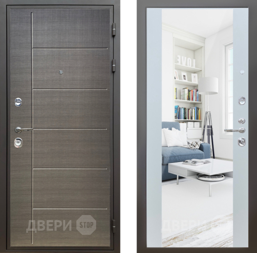 Входная металлическая Дверь Шелтер (SHELTER) Комфорт Лен сильвер 13 с зеркалом Белый матовый в Наро-Фоминске