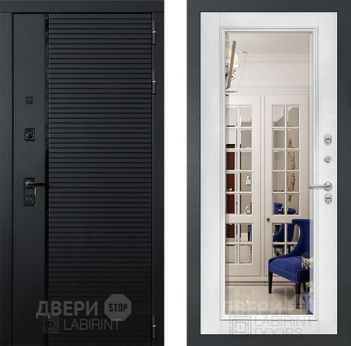 Входная металлическая Дверь Лабиринт (LABIRINT) Piano Зеркало Фацет с багетом Белый софт в Наро-Фоминске