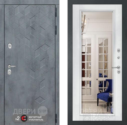 Входная металлическая Дверь Лабиринт (LABIRINT) Бетон Зеркало Фацет с багетом Белый софт в Наро-Фоминске