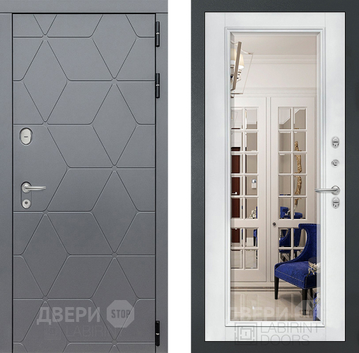 Входная металлическая Дверь Лабиринт (LABIRINT) Cosmo Зеркало Фацет с багетом Белый софт в Наро-Фоминске