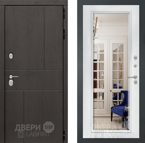 Входная металлическая Дверь Лабиринт (LABIRINT) Urban Зеркало Фацет с багетом Белый софт в Наро-Фоминске