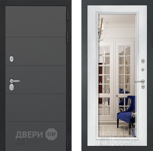 Дверь Лабиринт (LABIRINT) Art Зеркало Фацет с багетом Белый софт в Наро-Фоминске