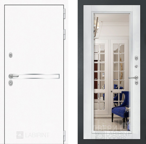 Входная металлическая Дверь Лабиринт (LABIRINT) Лайн White Зеркало Фацет с багетом Белый софт в Наро-Фоминске