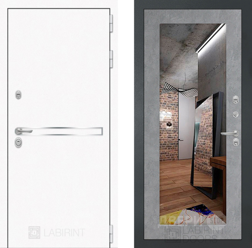 Входная металлическая Дверь Лабиринт (LABIRINT) Лайн White Зеркало 18 Бетон светлый в Наро-Фоминске