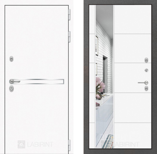 Входная металлическая Дверь Лабиринт (LABIRINT) Лайн White Зеркало 19 Белый софт в Наро-Фоминске