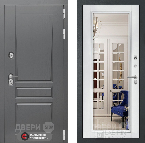 Входная металлическая Дверь Лабиринт (LABIRINT) Платинум Зеркало Фацет с багетом Белый софт в Наро-Фоминске