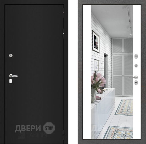 Входная металлическая Дверь Лабиринт (LABIRINT) Classic шагрень черная Зеркало Максимум Белый софт в Наро-Фоминске