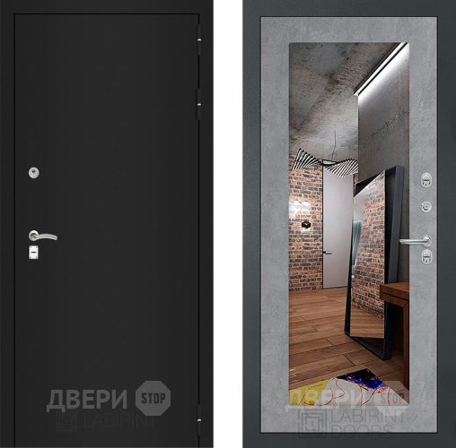 Входная металлическая Дверь Лабиринт (LABIRINT) Classic шагрень черная Зеркало 18 Бетон светлый в Наро-Фоминске