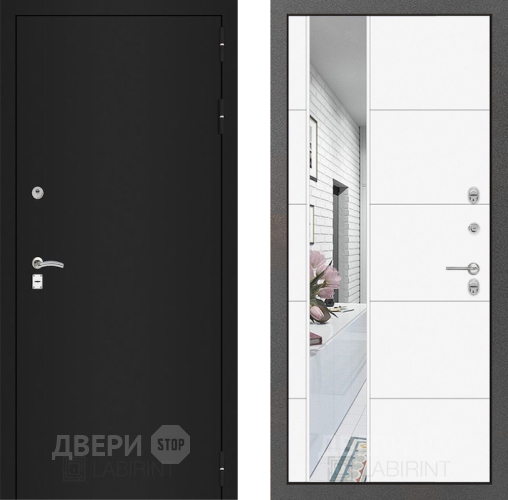 Входная металлическая Дверь Лабиринт (LABIRINT) Classic шагрень черная Зеркало 19 Белый софт в Наро-Фоминске