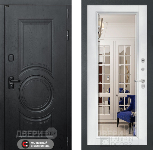 Входная металлическая Дверь Лабиринт (LABIRINT) Гранд Зеркало Фацет с багетом Белый софт в Наро-Фоминске