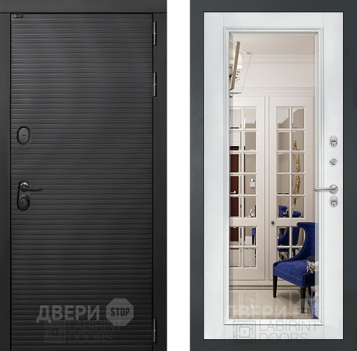 Входная металлическая Дверь Лабиринт (LABIRINT) Вулкано Зеркало Фацет с багетом Белый софт в Наро-Фоминске
