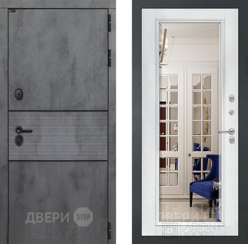 Входная металлическая Дверь Лабиринт (LABIRINT) Инфинити Зеркало Фацет с багетом Белый софт в Наро-Фоминске