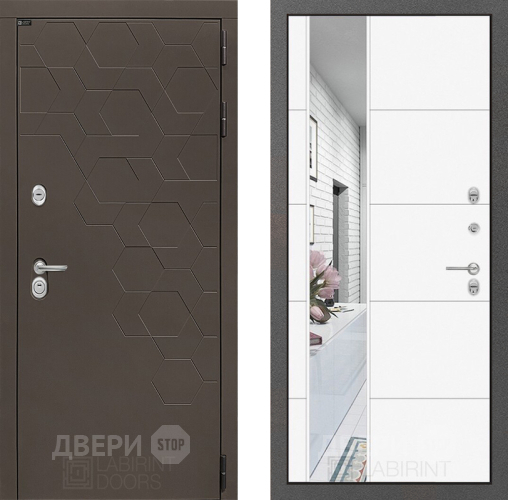 Входная металлическая Дверь Лабиринт (LABIRINT) Смоки Зеркало 19 Белый софт в Наро-Фоминске