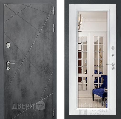 Входная металлическая Дверь Лабиринт (LABIRINT) Лофт Зеркало Фацет с багетом Белый софт в Наро-Фоминске