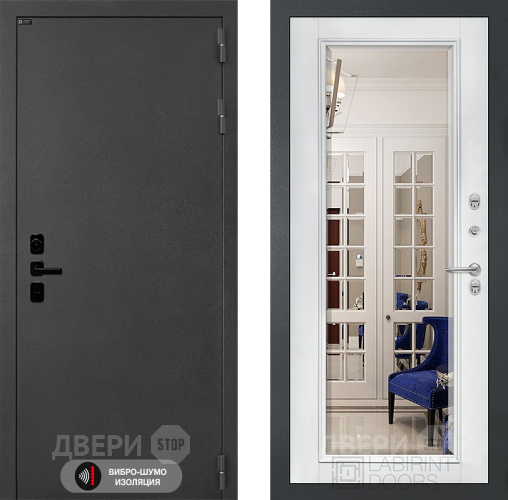 Входная металлическая Дверь Лабиринт (LABIRINT) Acustic Зеркало Фацет с багетом Белый софт в Наро-Фоминске
