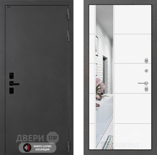 Входная металлическая Дверь Лабиринт (LABIRINT) Acustic Зеркало 19 Белый софт в Наро-Фоминске